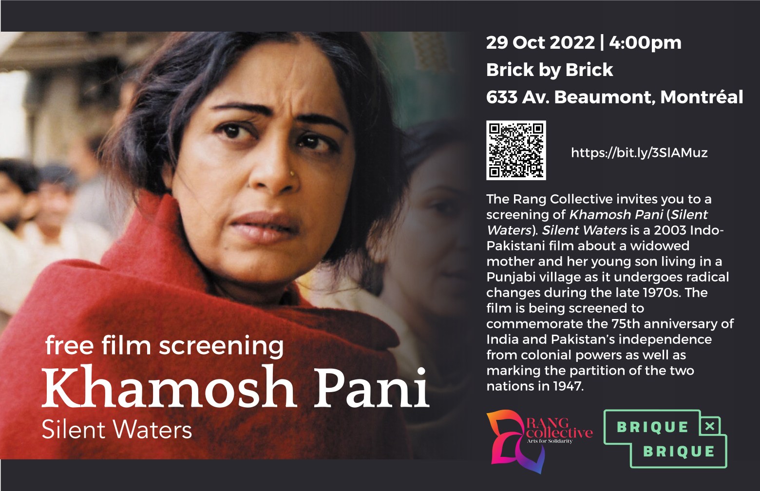 Poster for Khamosh Pani film screening at Brick by Brick