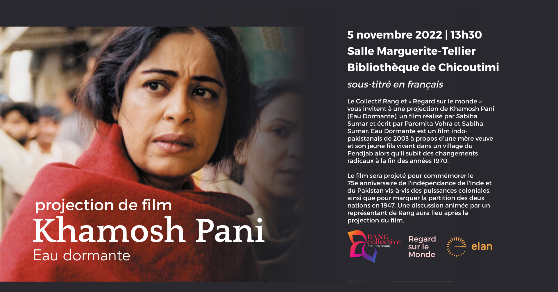 Poster for Khamosh Pani film screening in Saguenay